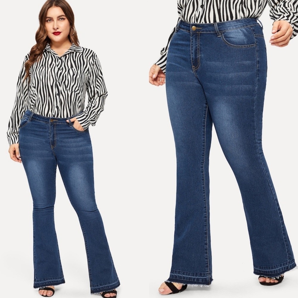 SHEIN Womens Plus Size 2XL Blue Flare Jeans Raw Hem Stretch Bell Bottoms